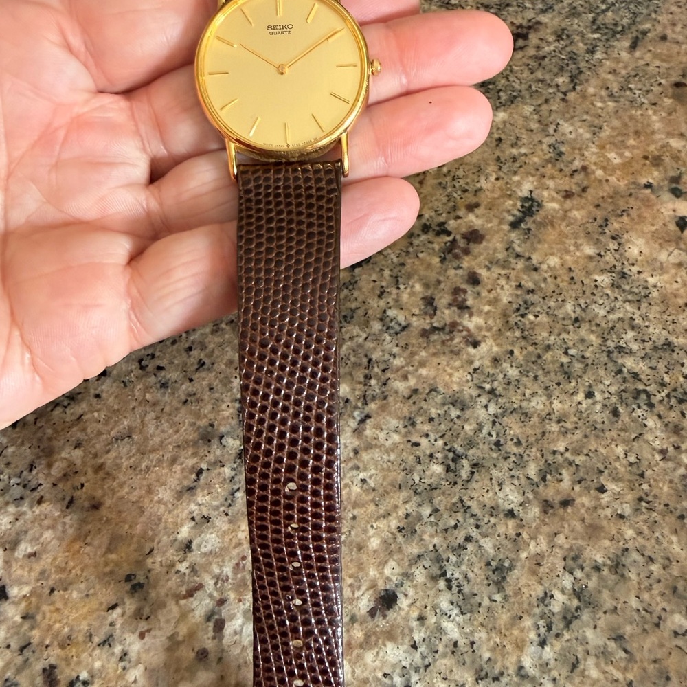 Seiko Gold Dial Watch with Brown Lizard-Pattern Strap
